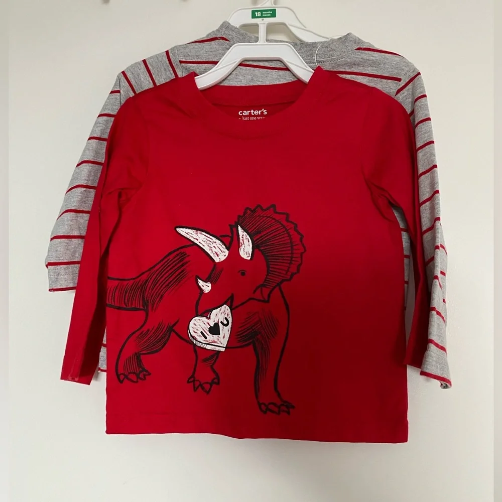 Carter’s Baby Boy 18M Long Sleeve Tee Shirt 2-Pack Red Dino Grey Striped